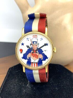 Uncle Sam Vote Men's Watch Vintage Hand Wind Red White Blue Nylon Strap 33mm